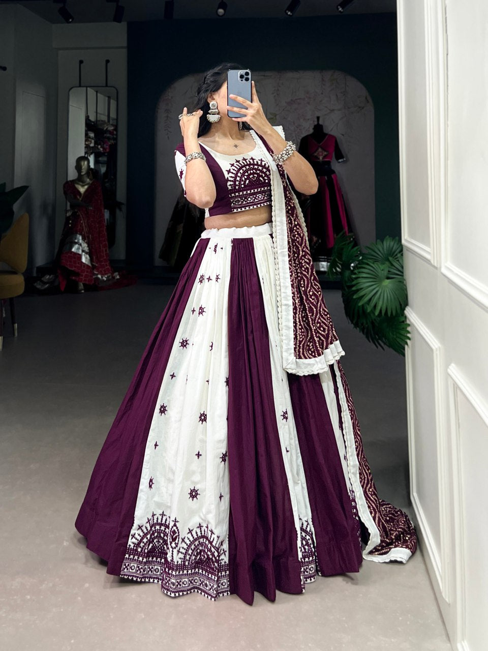 Wine Pure Cotton Mirror Gamthi Work Lehenga Choli with Bandhej Print Dupatta