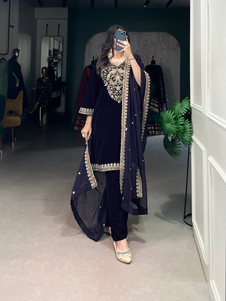 Velvet kurta set for women, navy blue embroidered suit, party wear kurti with dupatta, winter ethnic wear for weddings, Trinaari premium collection.