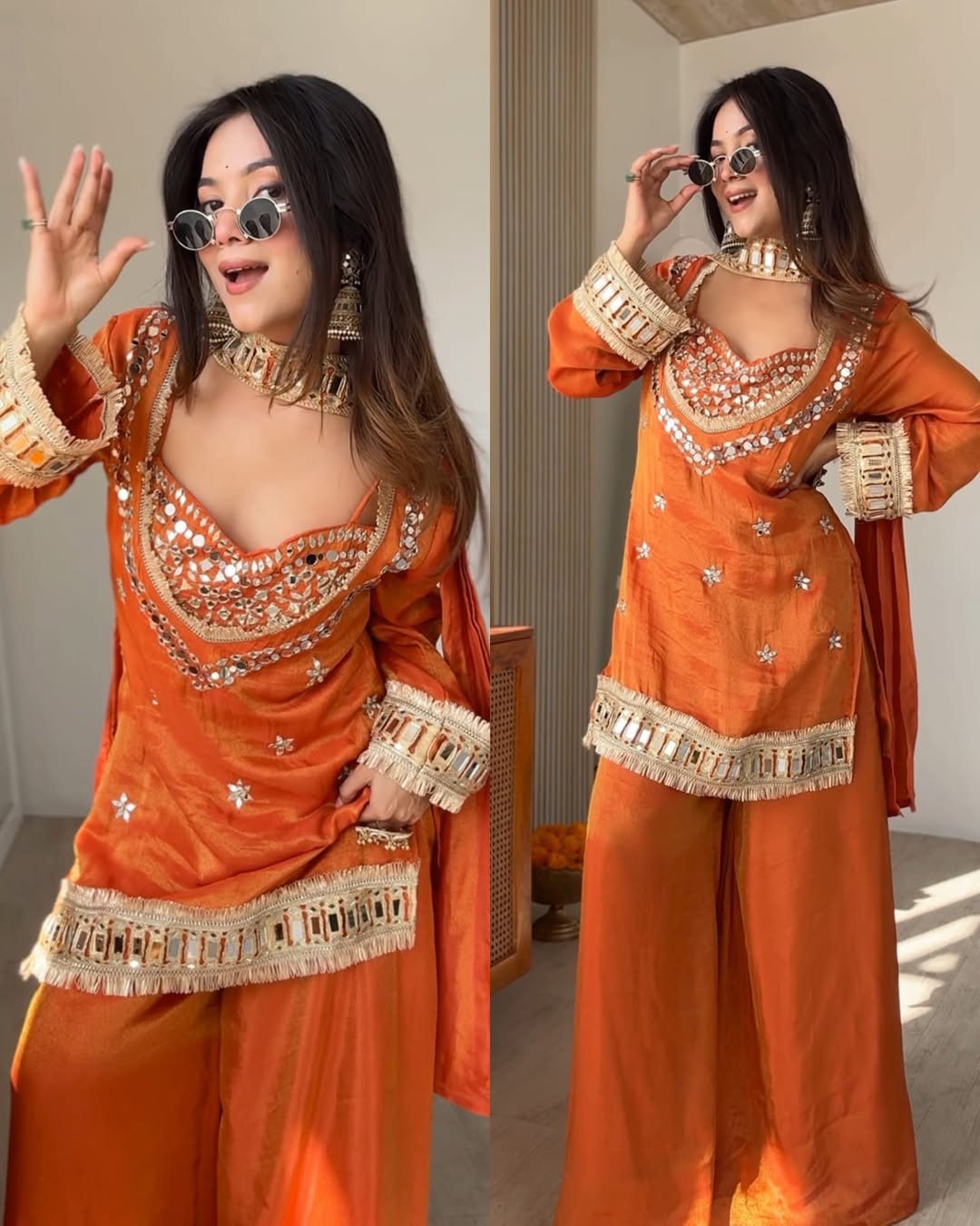 Suhani Orange Fendy Silk Real Mirror Work with Lace Border Kurti Sharara Set