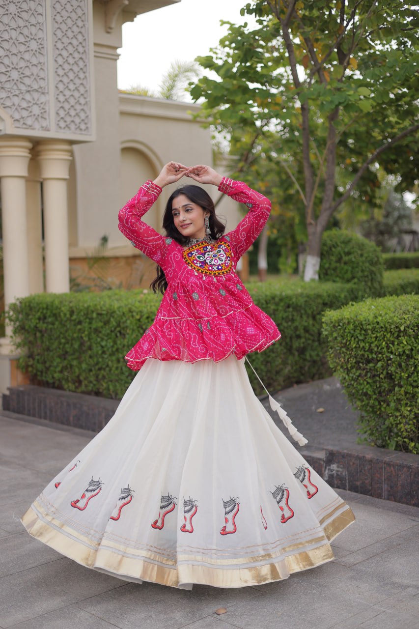 Harshita Pink Kora Cotton Gota-Lace Bandhani Lehenga