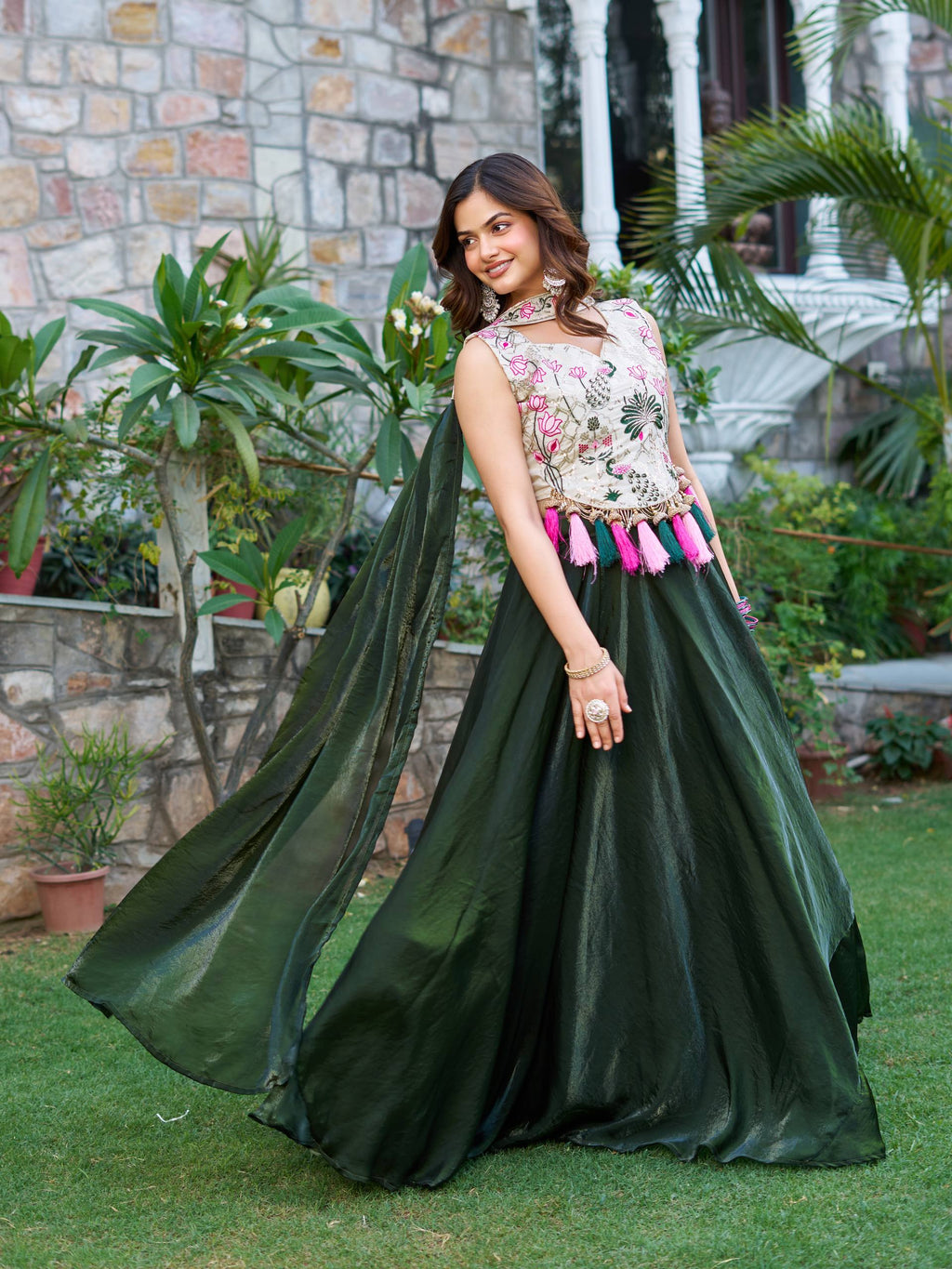 Tanu Green Color Tissue Silk Sequins Thread Work Lehenga Choli with Dupatta