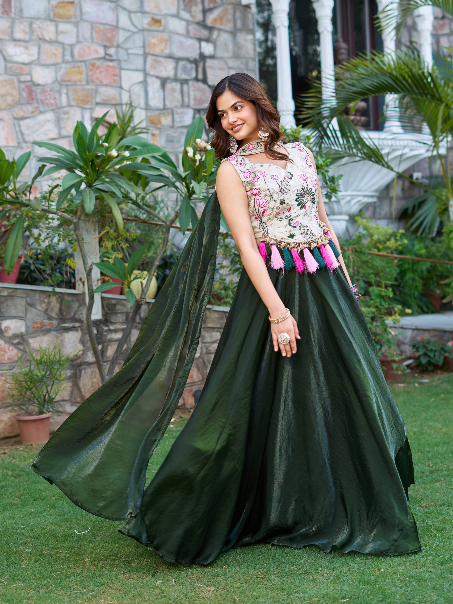 Tanu Green Color Tissue Silk Sequins Thread Work Lehenga Choli with Dupatta