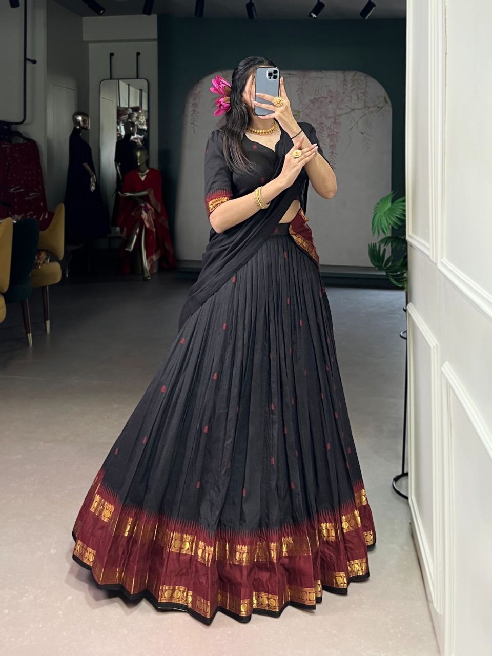 Black Color Pure Chanderi Zari Weaving Half Saree Lehenga Choli