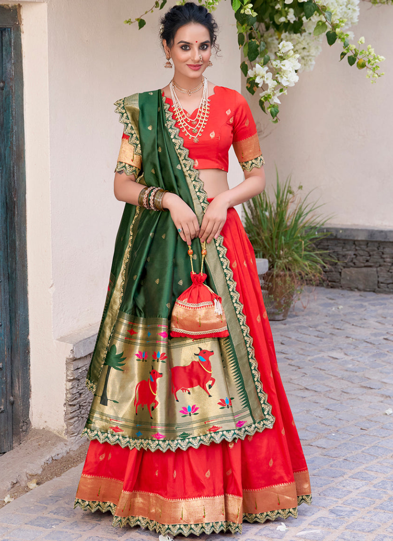 Red Jacquard Silk Paithani Lehenga Choli with Dupatta & Batwa