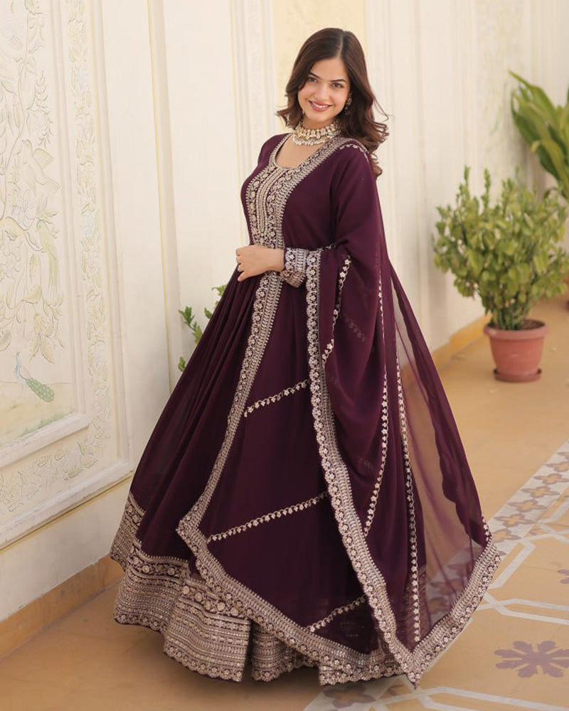 Vasundhara Faux Blooming Wine Anarkali Gown Suit Set