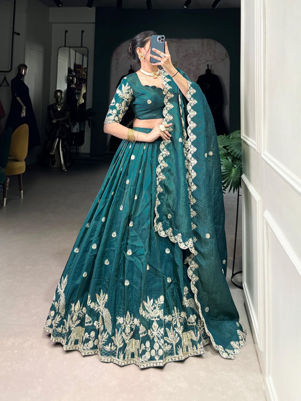 Teal green gold crush sequins thread embroidery work lehenga choli
