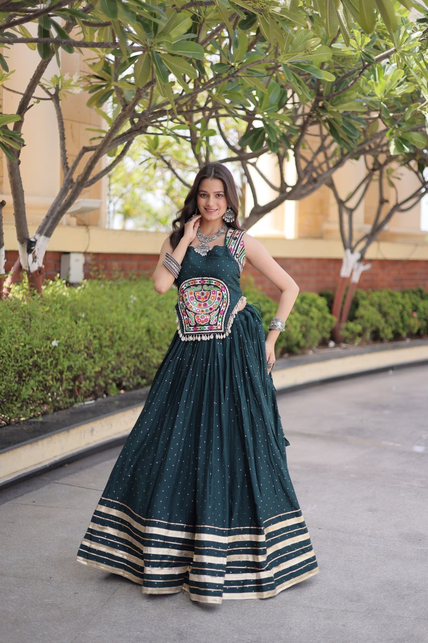 Yashvi Green Reyon Mukesh Patti Lace Lehenga Choli