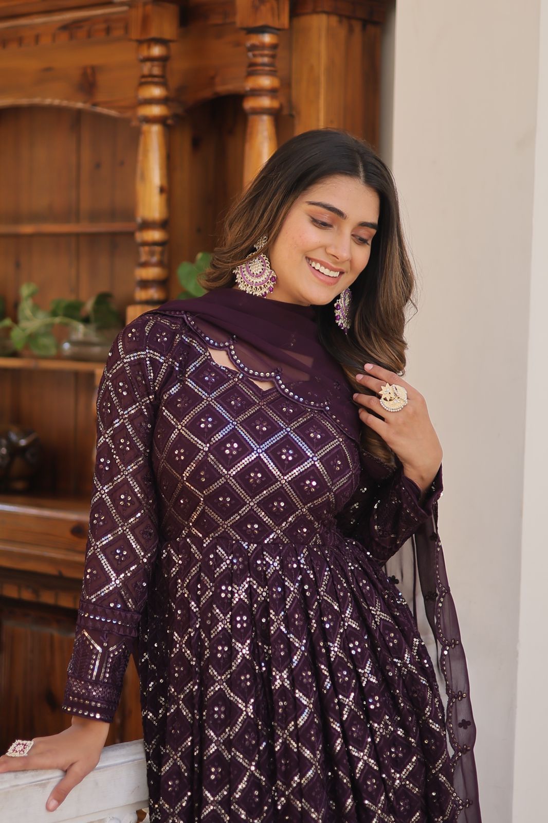 Royal purple blossom floral gown with dupatta