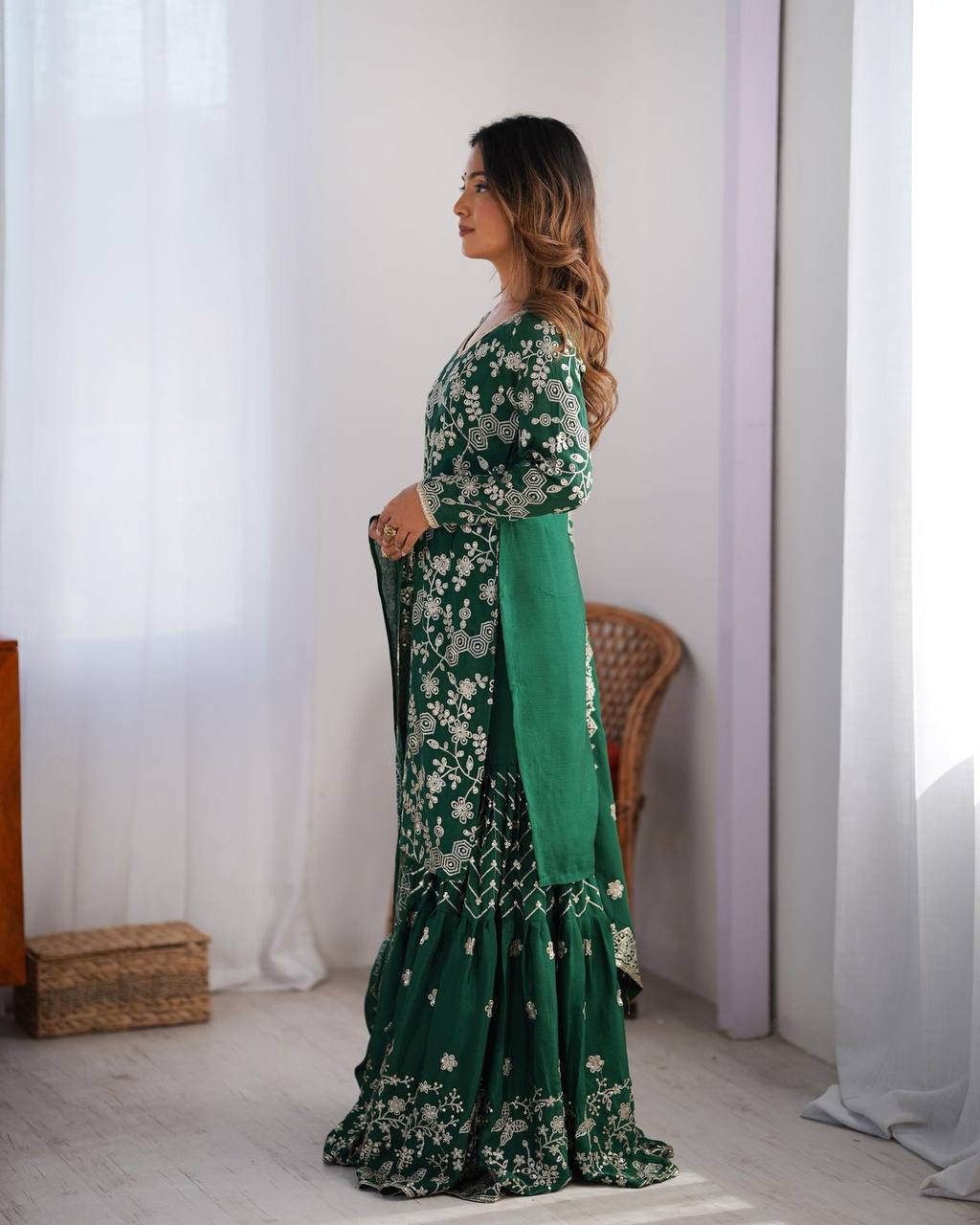 Agnija Green Chinon Silk Sharara Set