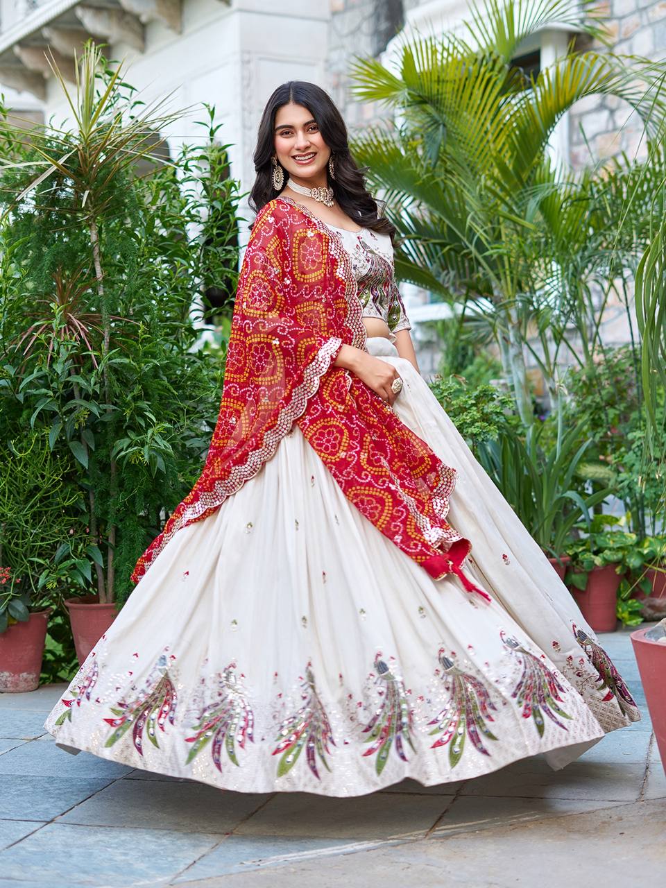 Amla Off-White Tissue Silk Sequins Thread Work Lehenga Choli with Red Bandhej Dupatta