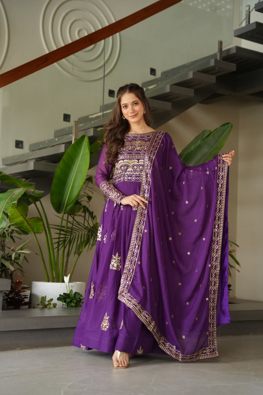 Purple Chinnon gown set with multi-colored sequins and beads embroidery, full sleeves, and matching embroidered dupatta – ideal for festive and wedding occasions