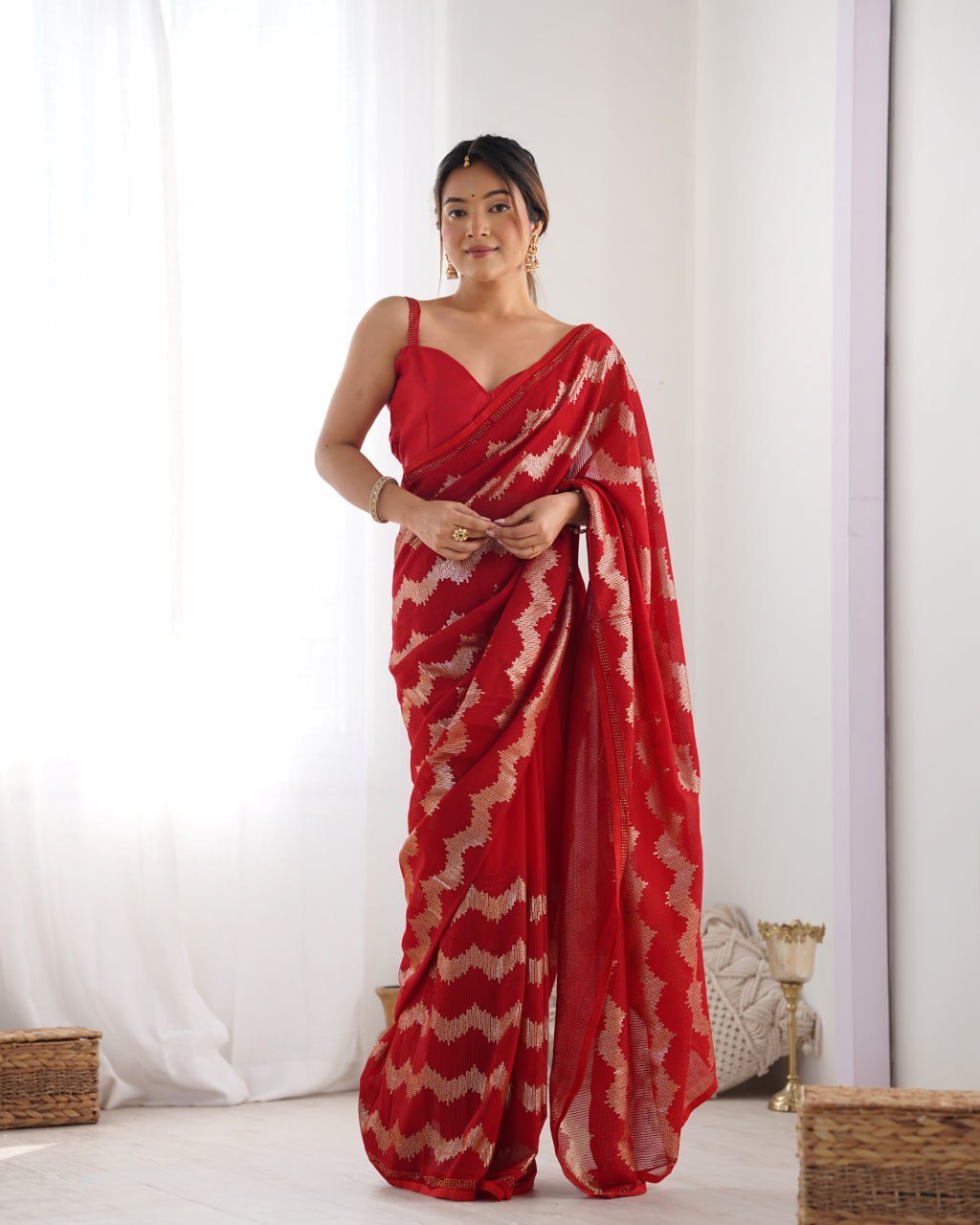 Red georgette saree with sequin & Seroski diamond work, bridal party wear saree with satin blouse, designer ethnic wear by Trinaari for weddings.