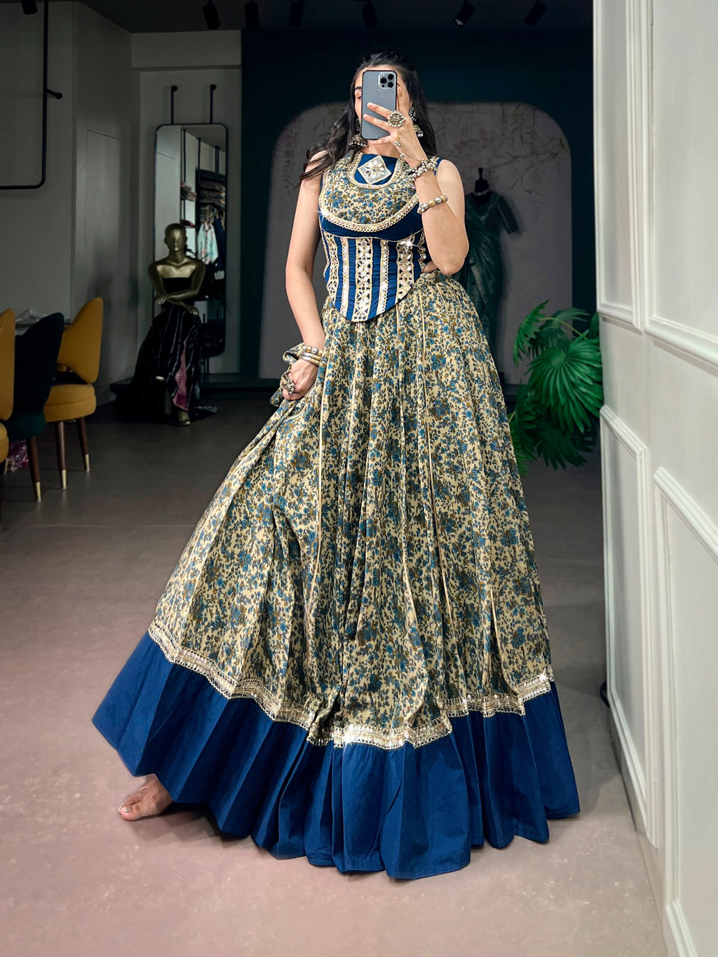 Rachna Blue Polyester Viscose Chanderi Mirror Lace Lehenga