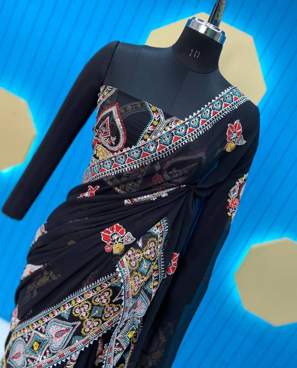 Tejasswi Prakash Black Georgette Embroidered Saree