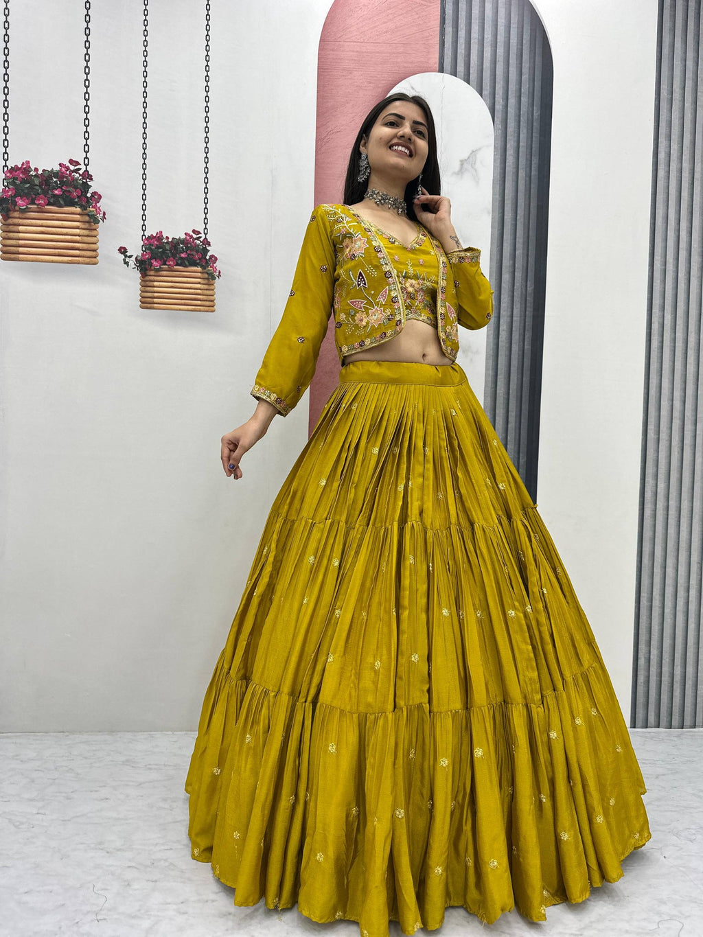 Mustard yellow chinon embroidered crop top lehenga with designer jacket
