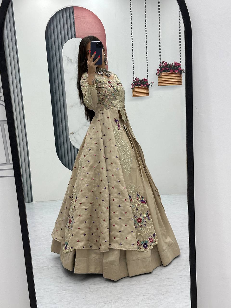 Mani Beige Color Vichitra Silk Crop Top Peacock Design Lehenga with Embroidered Shrug