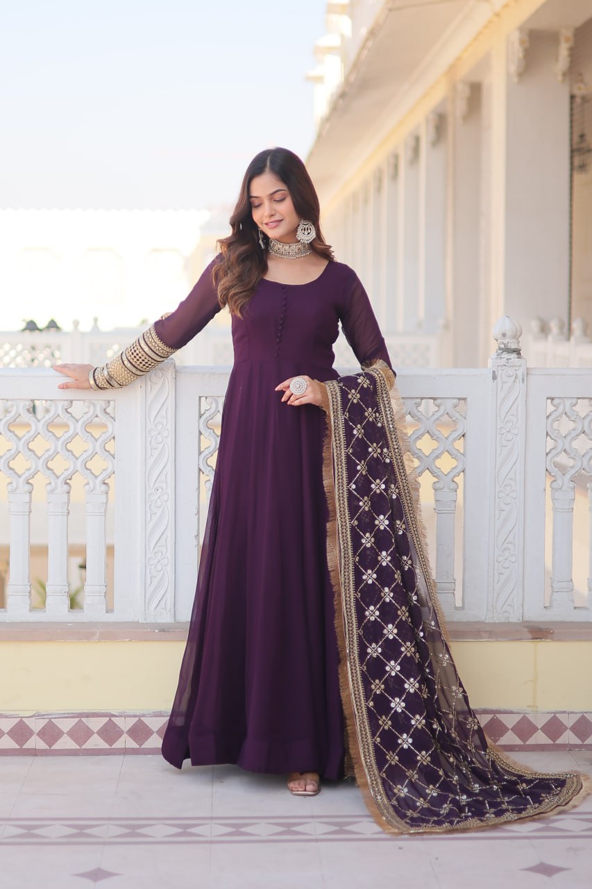 Lavish Purple Sequins Embroidered Anarkali Flared Kurti Set