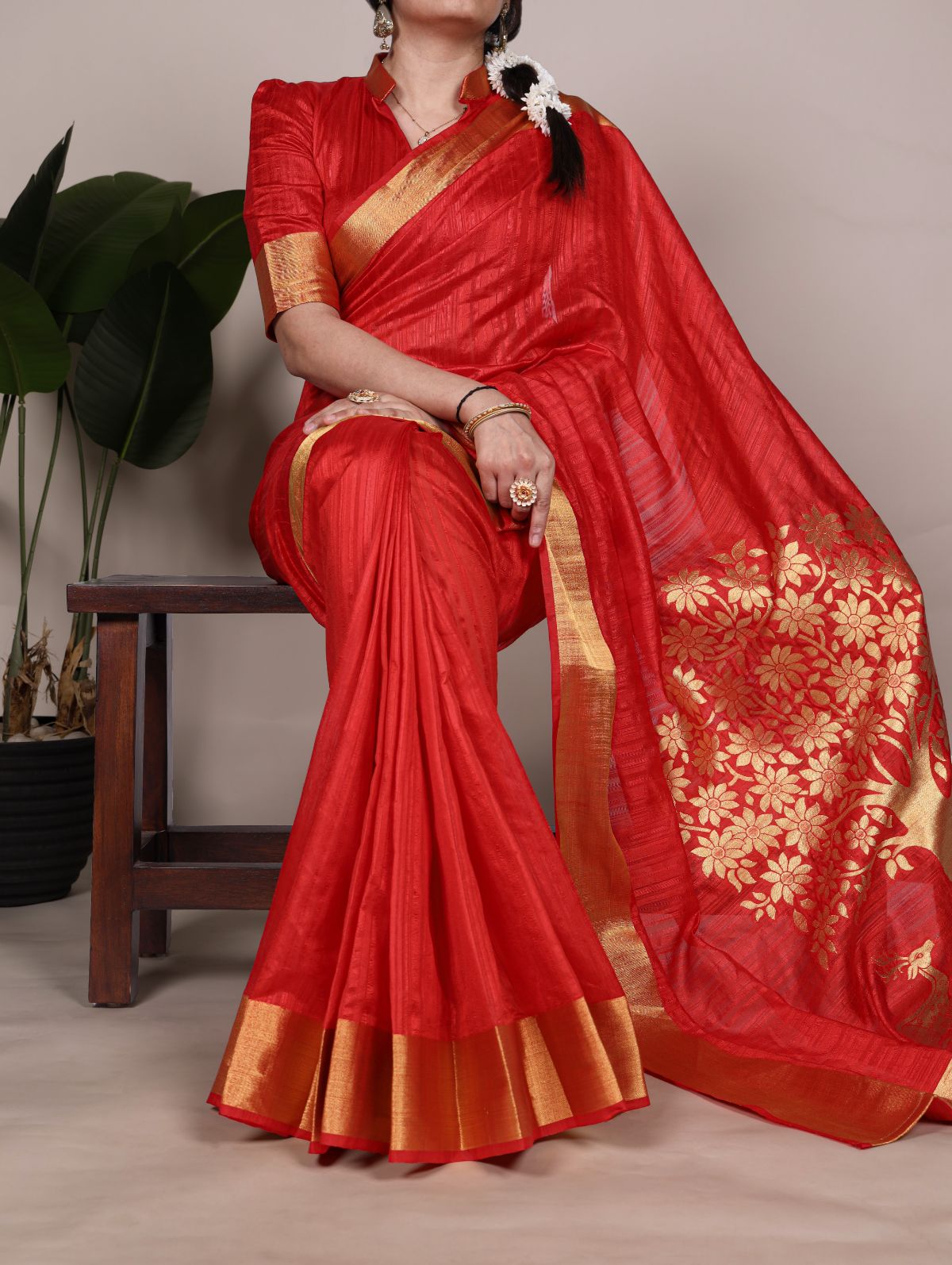 Red Color Raw Silk Zari Weaving Saree with Unstitched Blouse