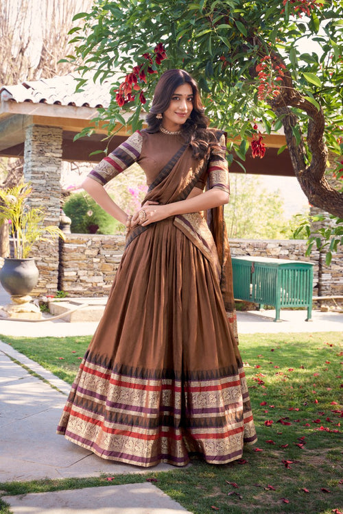 Brown pure Chanderi lehenga choli with zari weaving work and dupatta
