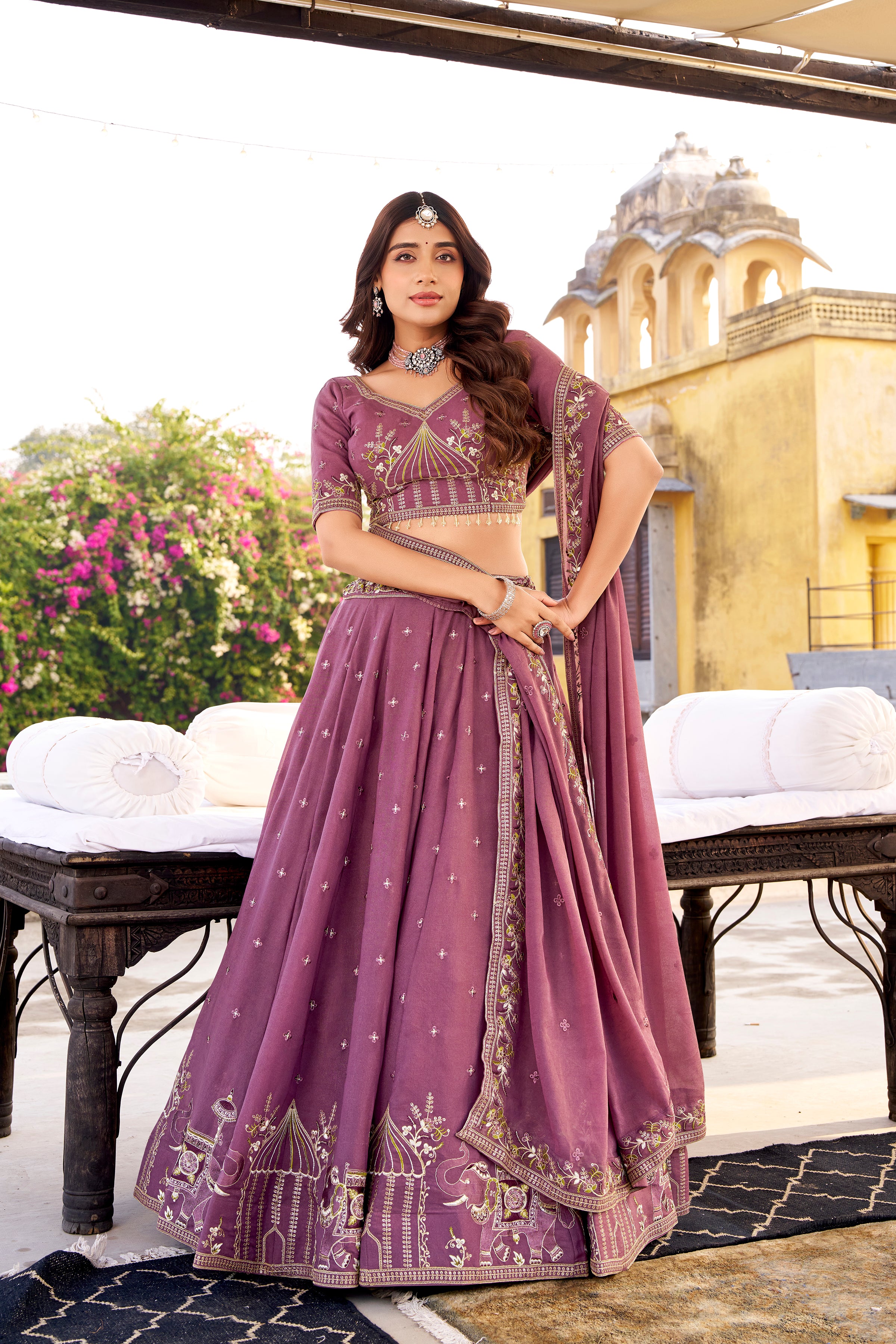 Zarakh Lavender Color Crush Silk Sequins and Thread Embroidery Work Lehenga Choli