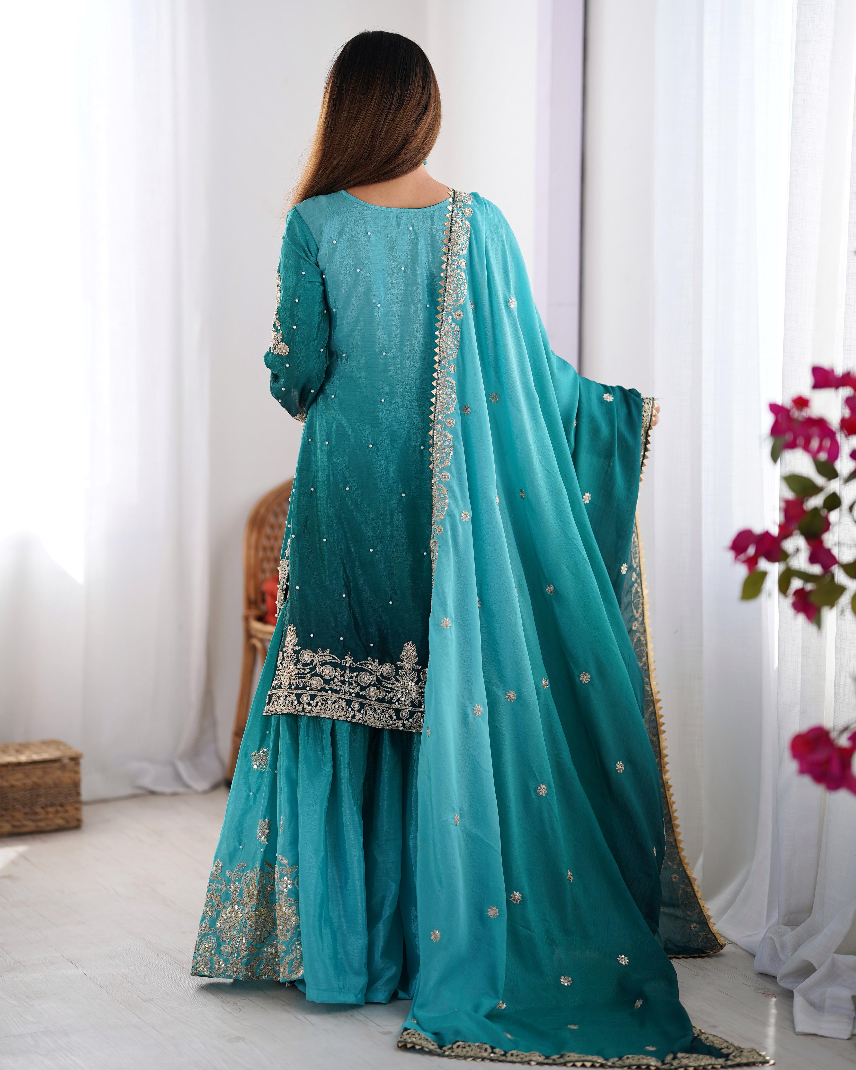 Manvisha Teal Embroidered Sharara Suit Set