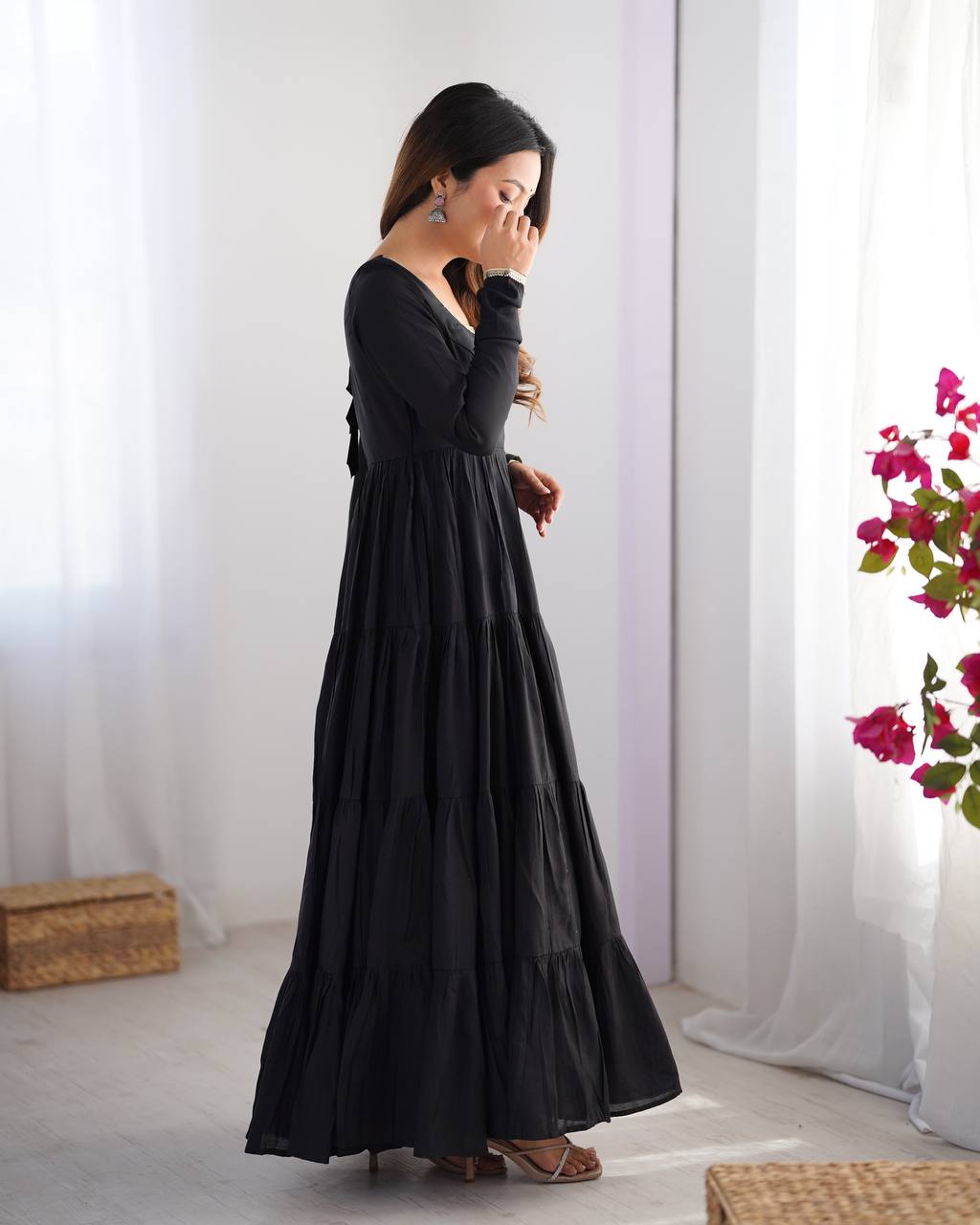 Black Roman Silk Anarkali suit with 9-meter flair, Banarasi dupatta & pant—elegant festive wear for weddings, parties & traditional occasions.