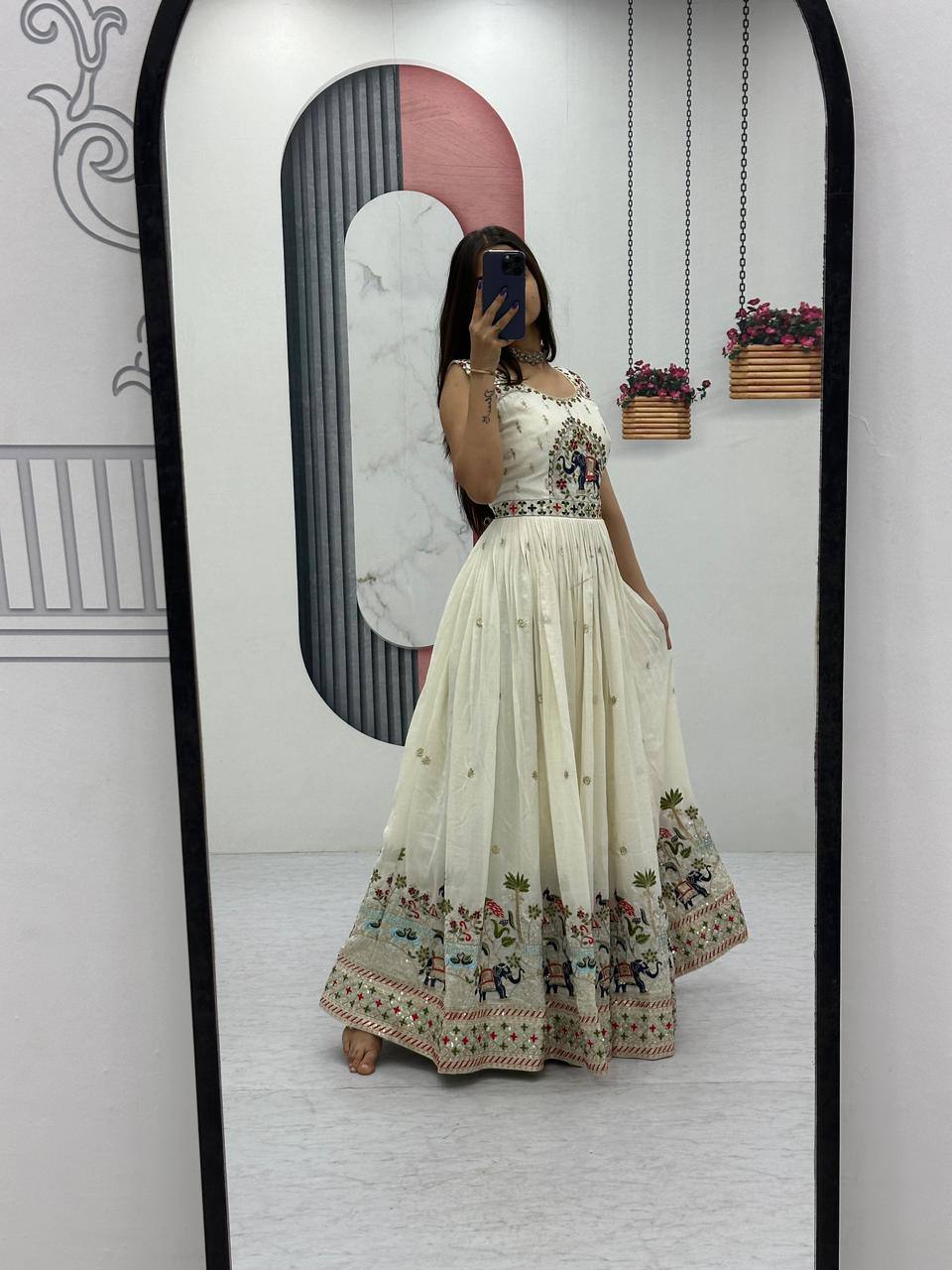 Off-White Chinon Embroidered Designer Gown with Dupatta
