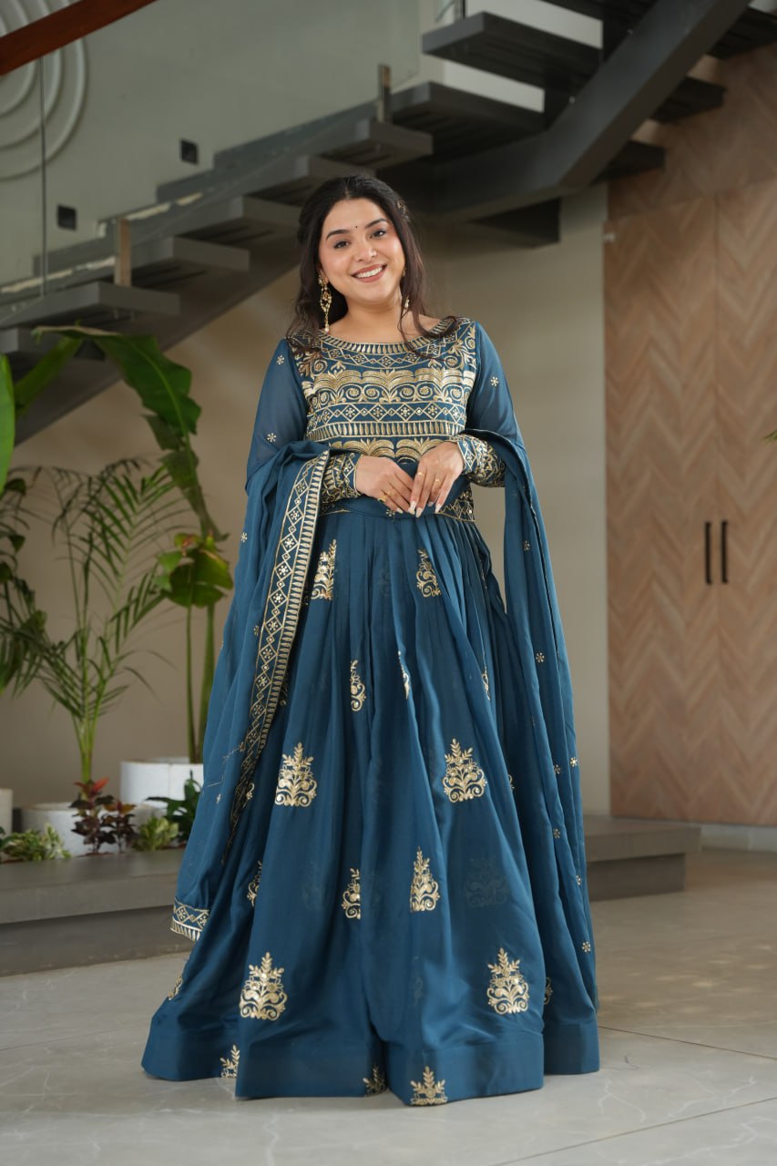 Teal Blue Chinnon Embroidered Gown with Sequins Work and Dupatta