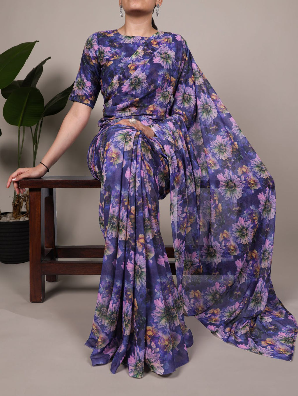 Purple Color Weightless Marble Floral Print Saree with Unstitched Blouse