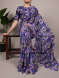 Purple Color Weightless Marble Floral Print Saree with Unstitched Blouse