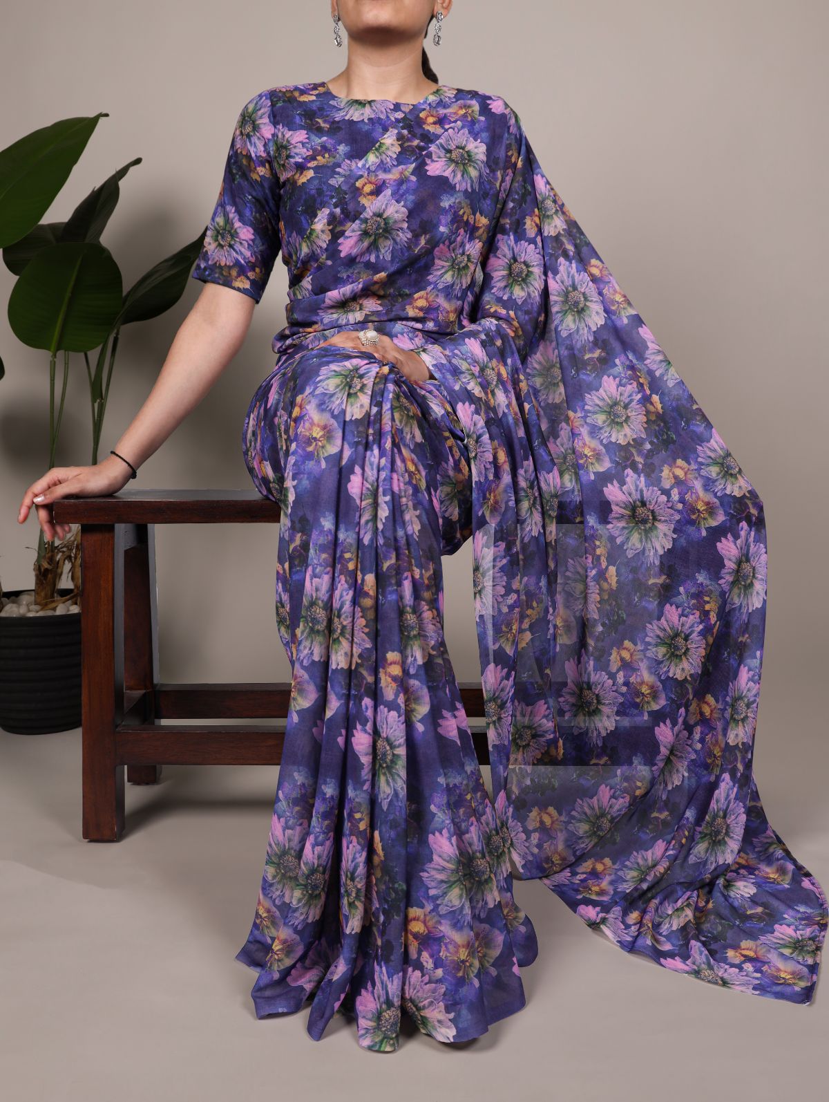 Purple Color Weightless Marble Floral Print Saree with Unstitched Blouse