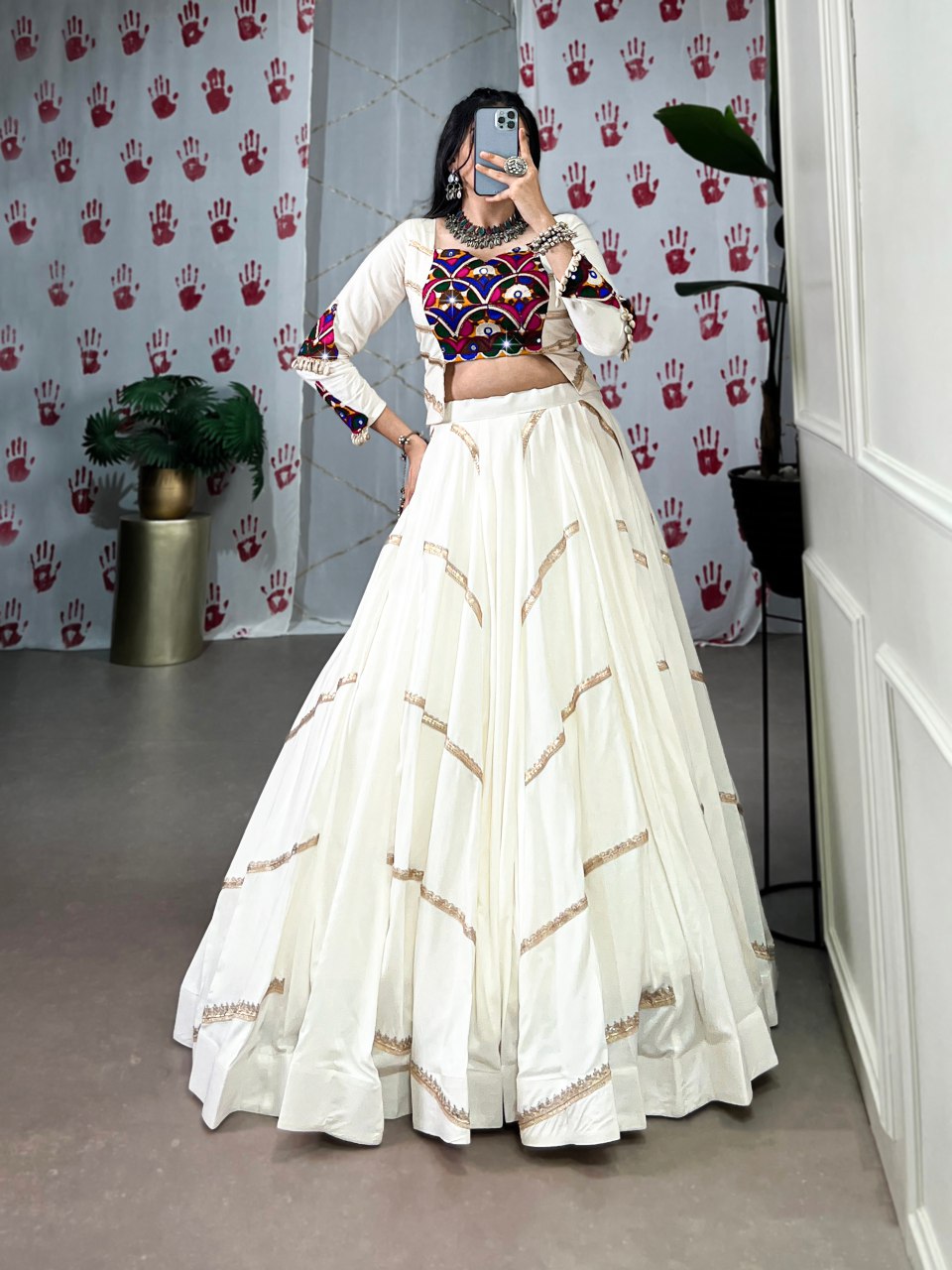 Off White Pure Rayon Mirror Gamthi Sequins Work Lehenga Choli