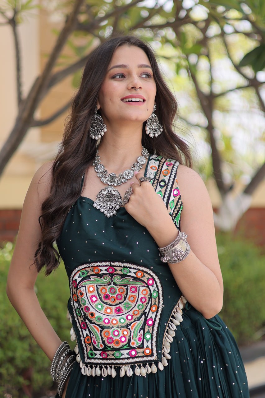 Yashvi Green Reyon Mukesh Patti Lace Lehenga Choli
