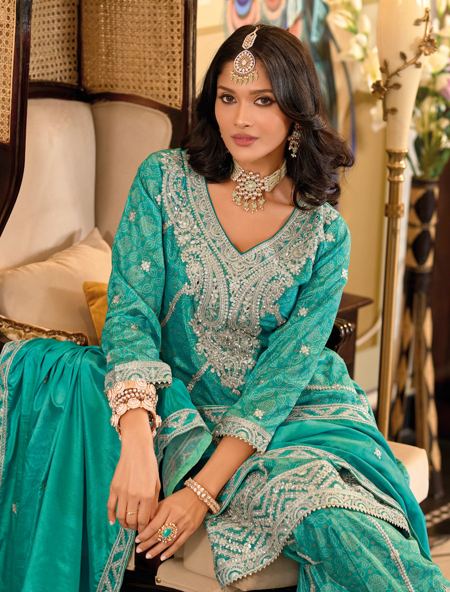 Meera Chinon Silk Embroidered Designer Kurti Sharara Set