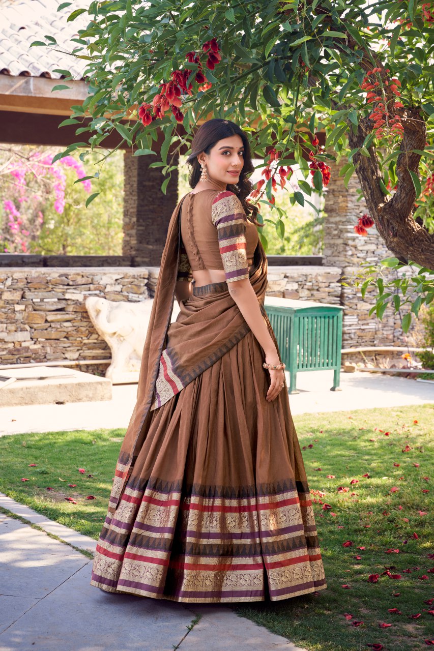 Brown Pure Chanderi Lehenga Choli with Zari Weaving Work & Dupatta
