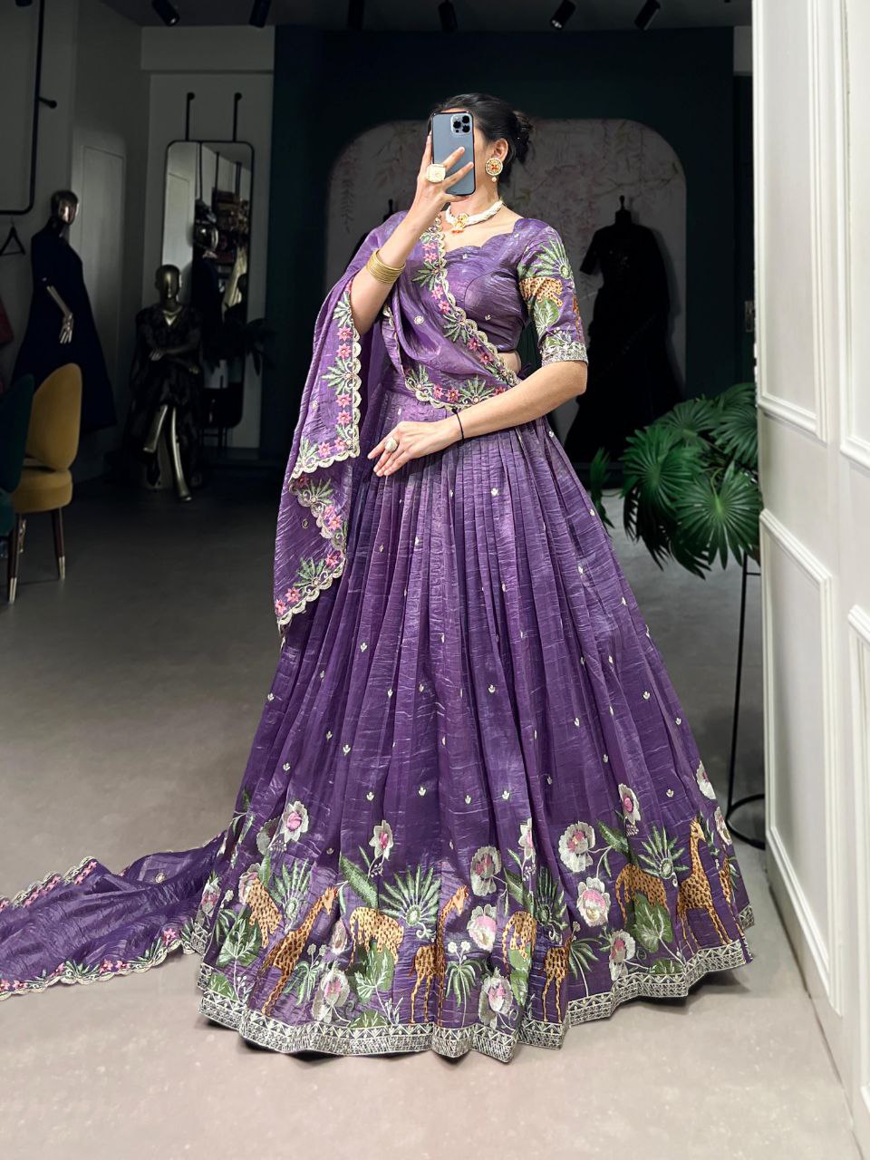Purple sequins thread embroidered gold crush lehenga choli for wedding functions
