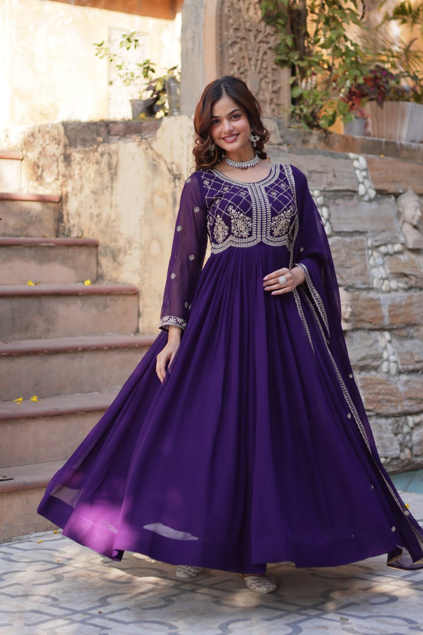 Chamvika Purple Designer Gown with Dupatta – party wear gown for women, long gown for wedding, Indian ethnic gown online, sequin embroidered gown, purple gown for reception, full sleeve gown dress, Indo western gown for girls, traditional Indian wear, stylish gown for engagement, readymade gown for festival, bridal gown with dupatta.