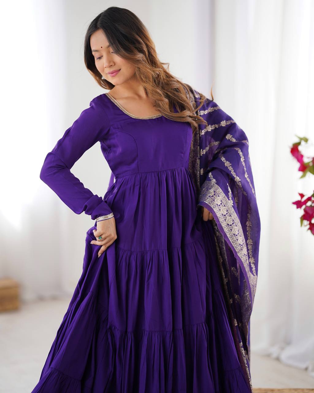 Ashika Roman Silk Flared Purple Anarkali Suit