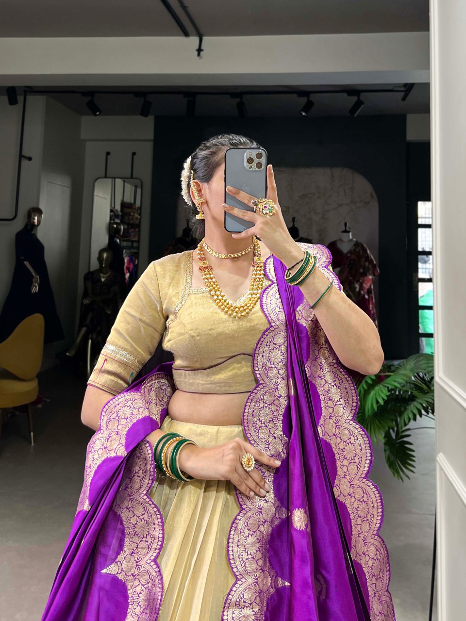 Cream Silk Lehenga Choli with Paithani Lace Border & Jacquard Zari Dupatta