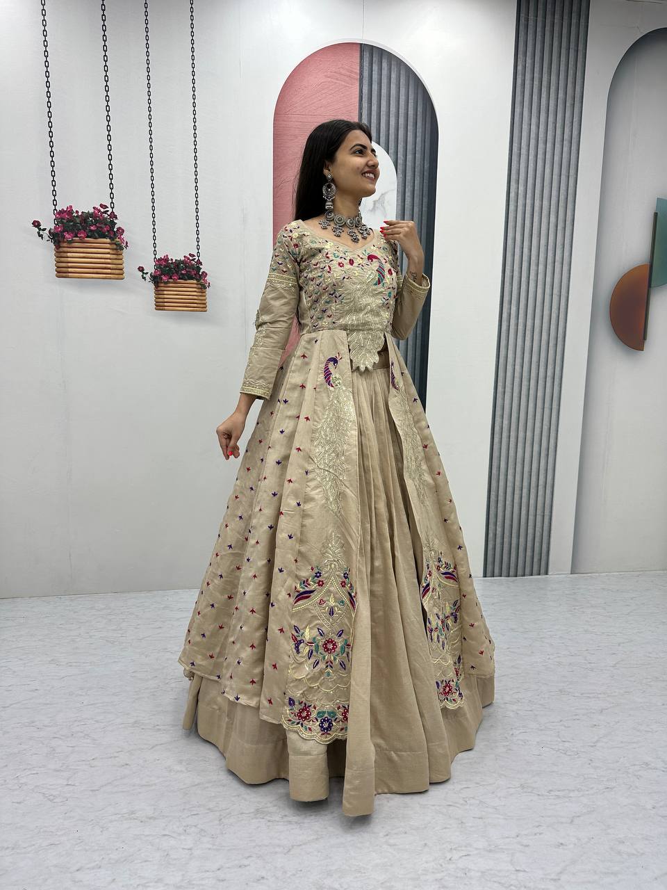 Mani Beige Color Vichitra Silk Crop Top Peacock Design Lehenga with Embroidered Shrug
