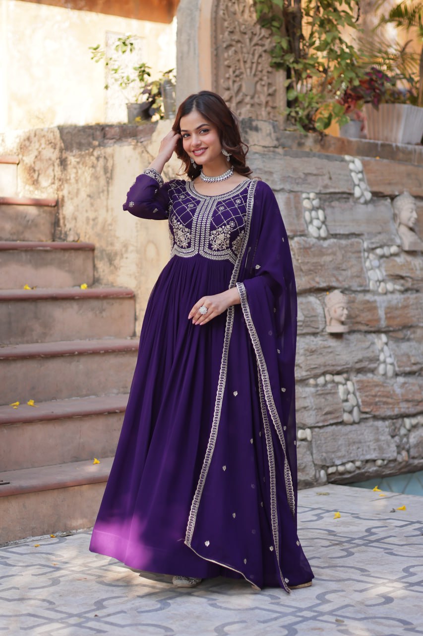 Chamvika Purple Designer Gown with Dupatta – party wear gown for women, long gown for wedding, Indian ethnic gown online, sequin embroidered gown, purple gown for reception, full sleeve gown dress, Indo western gown for girls, traditional Indian wear, stylish gown for engagement, readymade gown for festival, bridal gown with dupatta.