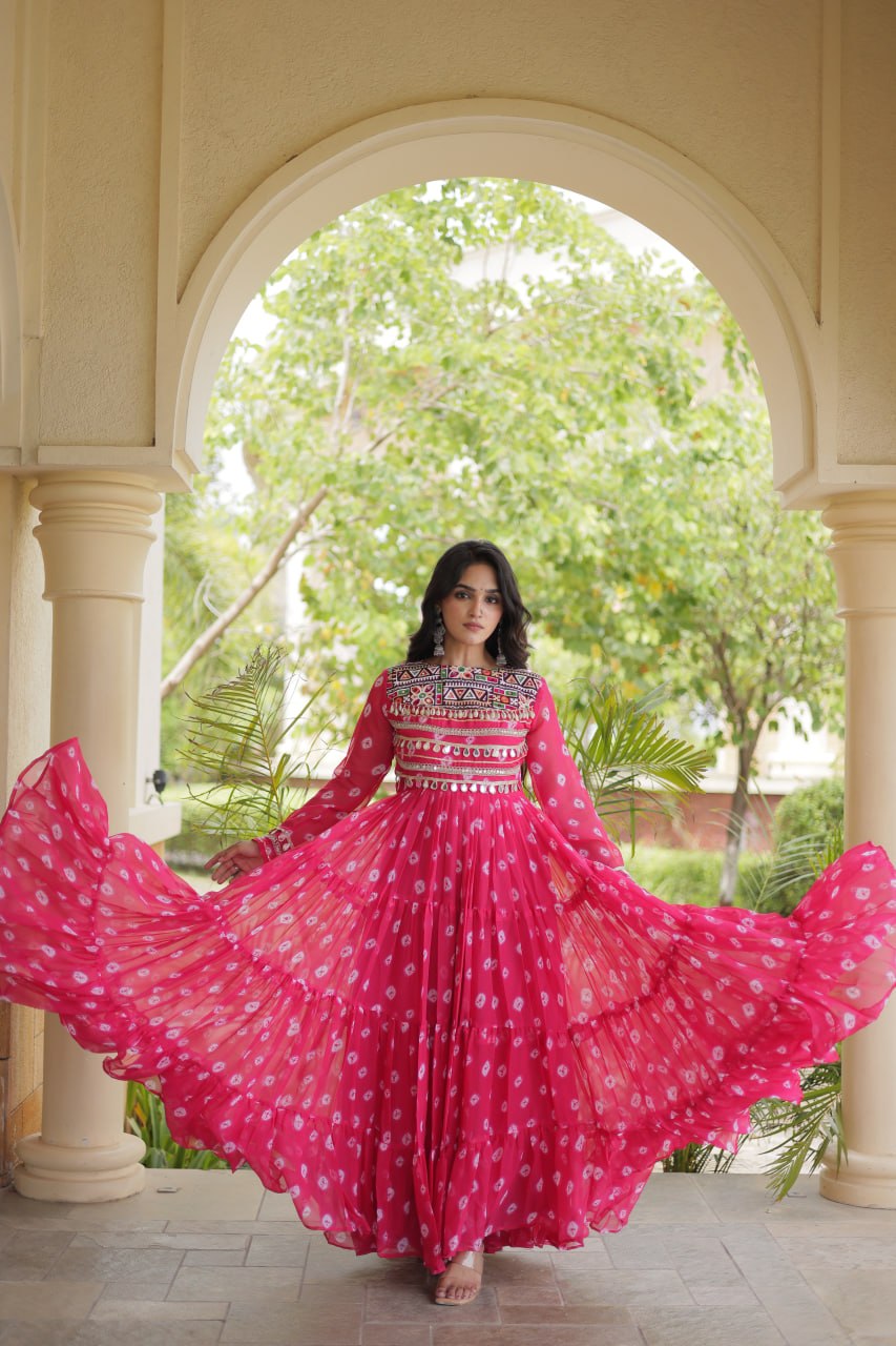 Lavanya Pink Faux Georgette Bandhani Kutchi Patchwork Gown
