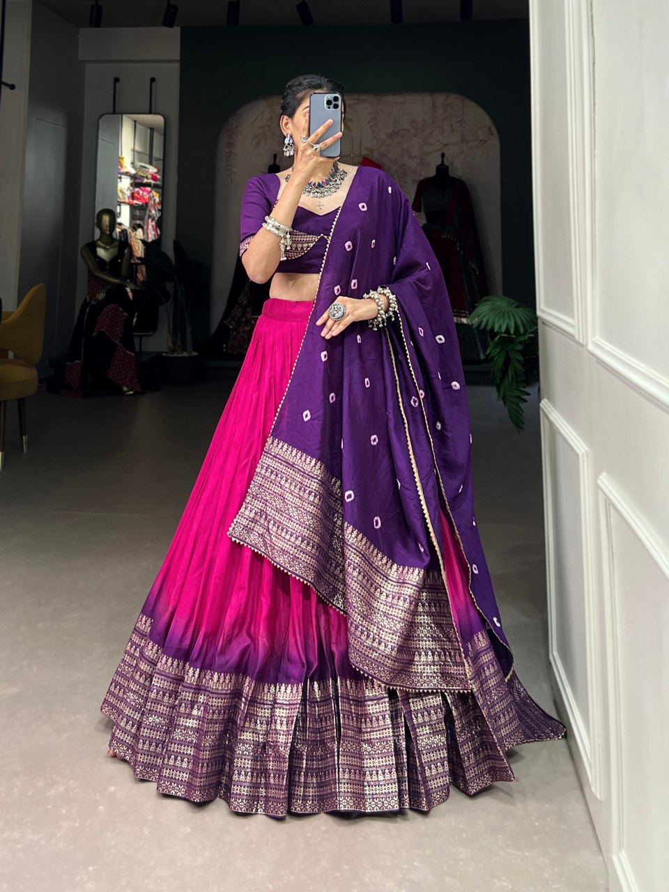 Pink Chanderi zari weaving lehenga choli with Bandhej print dupatta