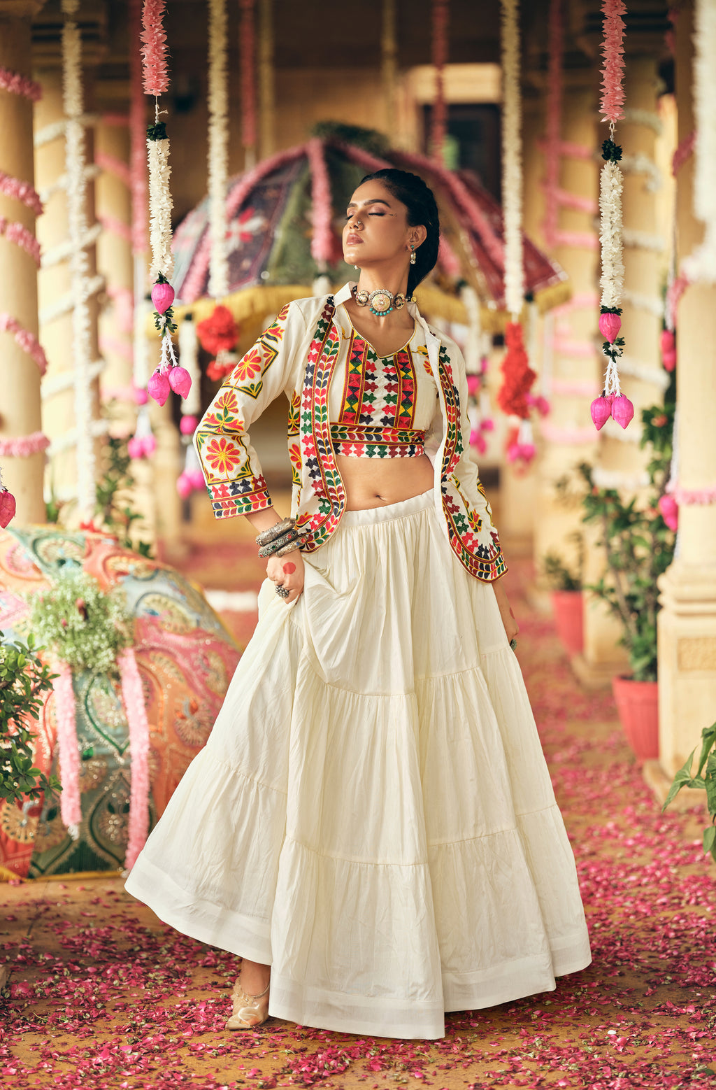 Off-White Pure Cotton Embroidery Work Lehenga Choli with Koti