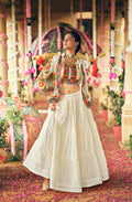 Off-White Pure Cotton Embroidery Work Lehenga Choli with Koti