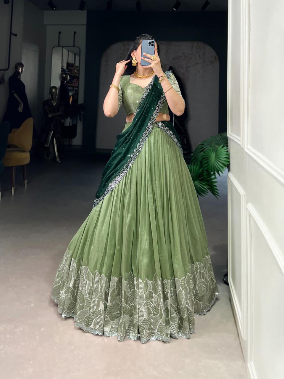 Pista Green Silver Glossy Embroidered with Hotfix Work Lehenga Choli