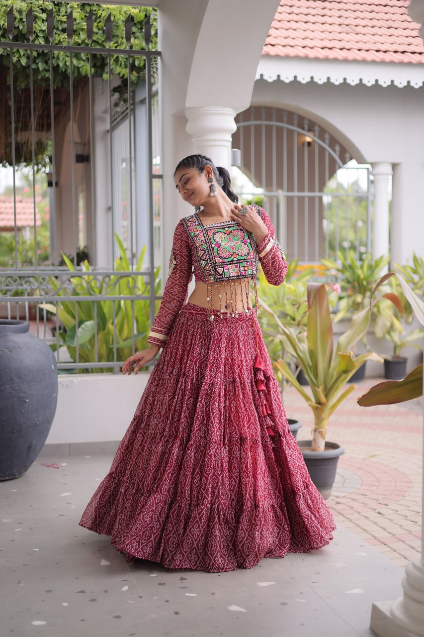 Anjali Brown Faux Georgette Bandhani Kutchi Patchework Lehenga