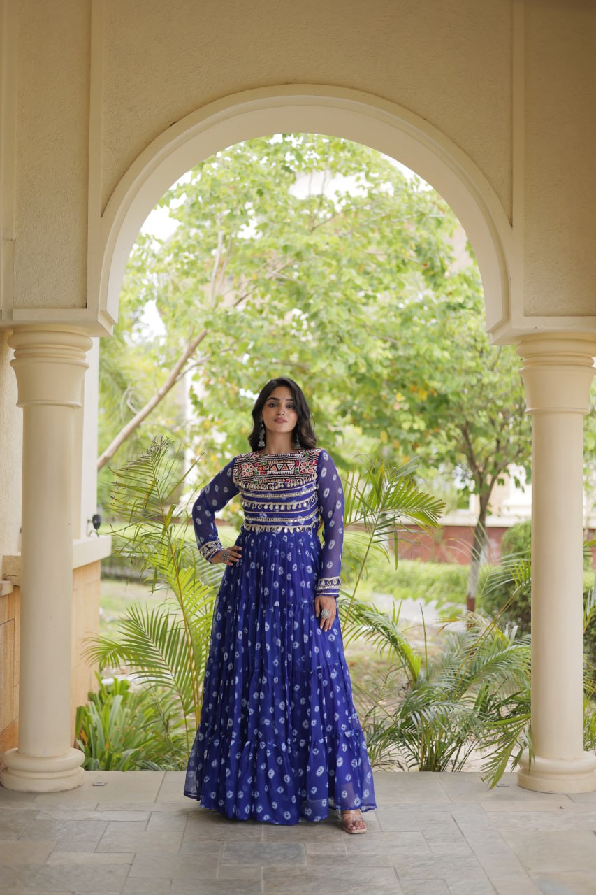Lavanya Blue Faux Georgette Bandhani Kutchi Patchwork Gown