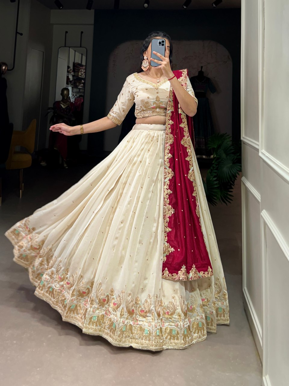 Sharanya off-white Vichitra silk embroidered lehenga choli set