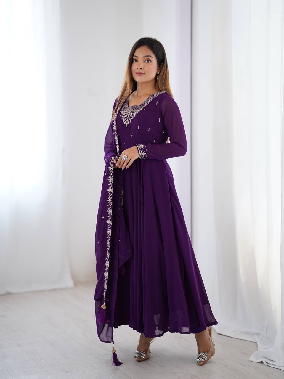Purple Anarkali suit in soft Fox Georgette with 6.5-meter flair, zari & beads embroidery, lace sleeves & dupatta – stitched & ready-to-wear.